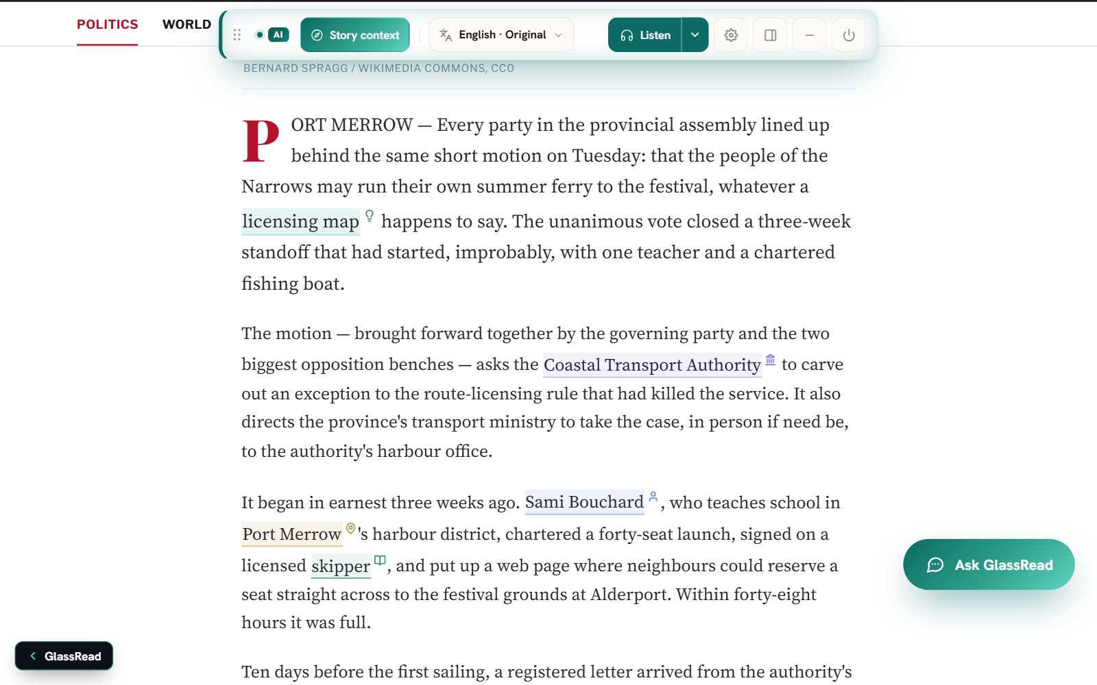 GlassRead reading a real news article on a laptop: the reading toolbar rides the top of the page — Story context, the language chip on English · Original, and Listen — while tricky words in the article are underlined.